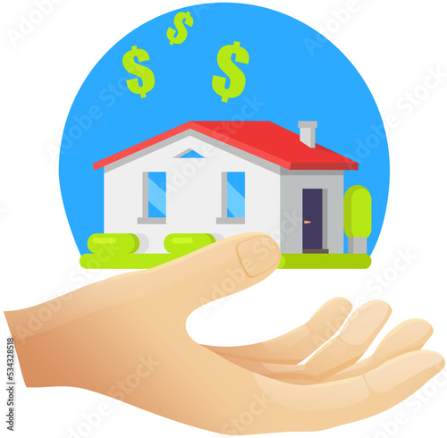 Hand gives house and receives money for it. Person buy homes on mortgage and pay to bank. People invest money in real estate property. Concept of KPR, rent and KPR. Right investment, purchase