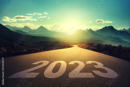 New year 2023, Concept photo written on the road in the middle of asphalt road at morning, A conceptual photo of the path leading to a bright future, 3d illustration.