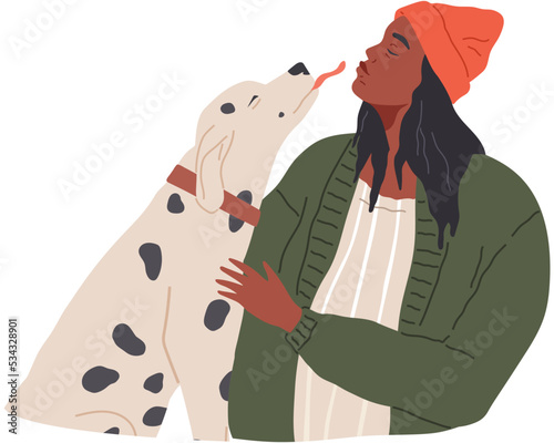 Male pet owner plays with dalmatian dog. Caring for four-footed friend concept. Doggy and happy african man friends isolated on white background. Puppy, domestic animal, human companion with guy