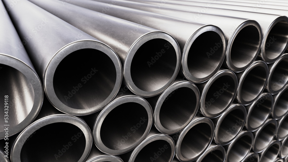 DOF camera 3D illustration of the steel pipes stacked at warehouse DOF camera 3D illustration of the steel pipes stacked at warehouse