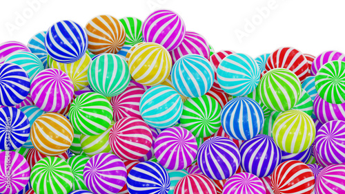 Realistic 3D illustration of the beautiful colorful delicious striped fruit flavor sweet candies against white.