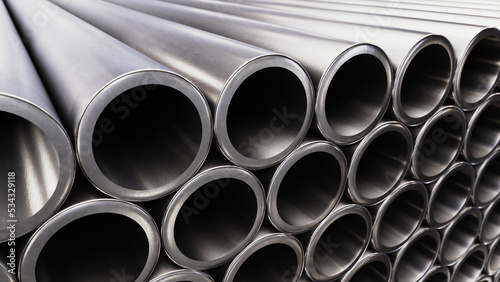 DOF camera 3D illustration of the steel pipes stacked at warehouse
