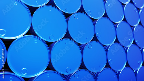 Realistic DOF camera 3D illustration of the blue petrol drums staked at warehouse