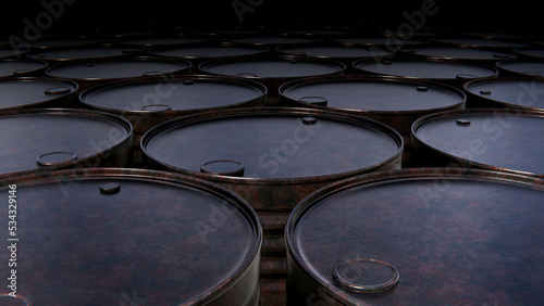 Realistic 3D illustration of the weathered and rusty old petrol barrels