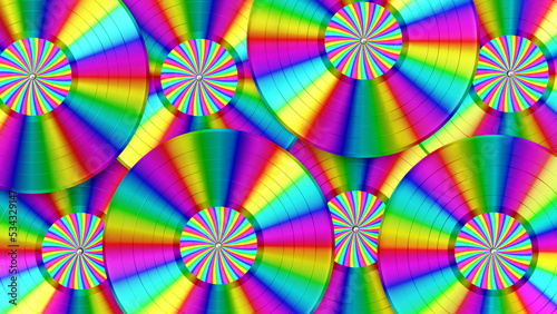 Realistic 3D illustration of the colorful rainbow vinyl records with rainbow striped labels rendered as background