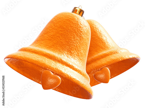 Realistic 3D illustration of two stylish orange peel Love Christmas bells isolated on white