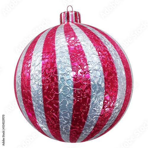Realistic 3D illustration of the textured red and white striped Christmas bauble isolated on white