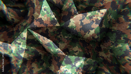 Realistic 3D illustration of the khaki camouflage pattern fabric polygonal surface rendered  as background