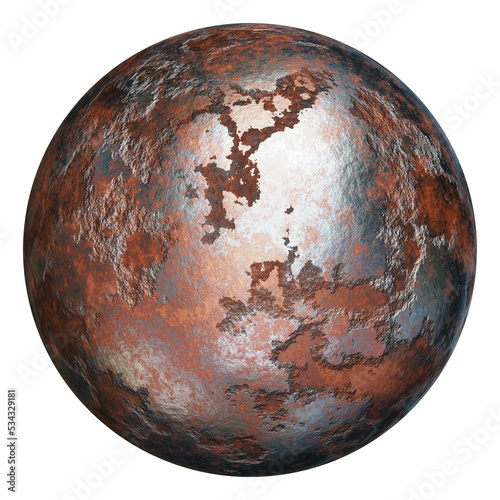 Realistic 3D illustration of the damaged and corroded rusty silver metal aged weathered sphere