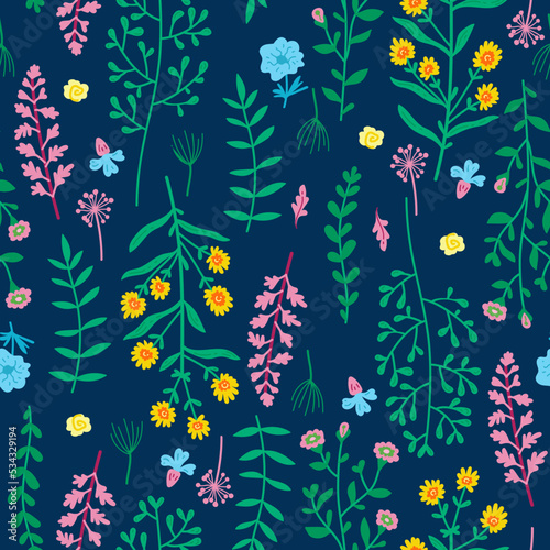 Amazing floral vector seamless pattern of vibrant colorful flowers in a cute vintage style. Beautiful colorful flowers background. Spring primitive texture. Folk style design concept for fashion print