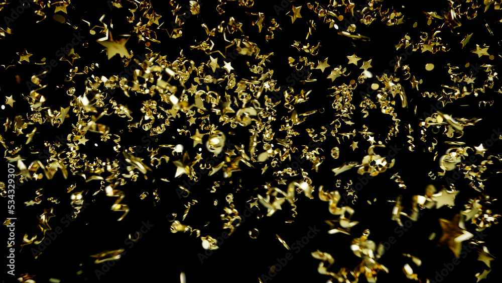 gold xmas holiday decoration props explosion on black, isolated - object 3D rendering gold xmas holiday decoration props explosion on black, isolated - object 3D rendering