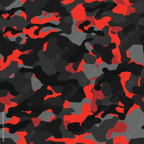 Seamless camouflage pattern modern. Military texture. Endless ornament, in dark and red spots.Print on fabric and textiles. Vector