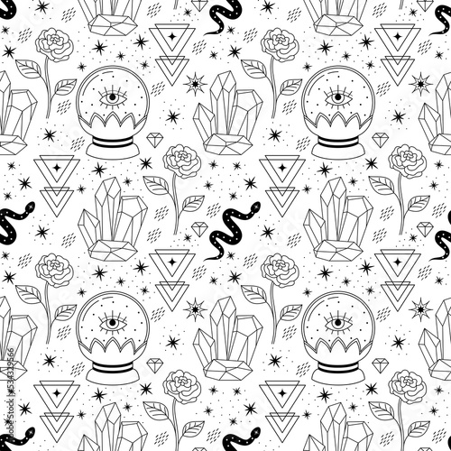 Vector esoterical seamless pattern. Isolated linear magical elements on white. Snake, crystal, rose and crystal ball with eye