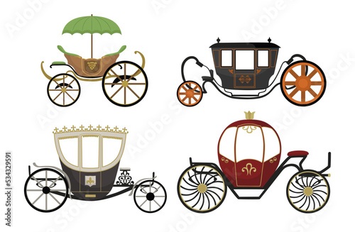 Set of colorful royal carriages in cartoon style. Vector illustration of chariots to transport kings, princesses or just order for weddings on white background.