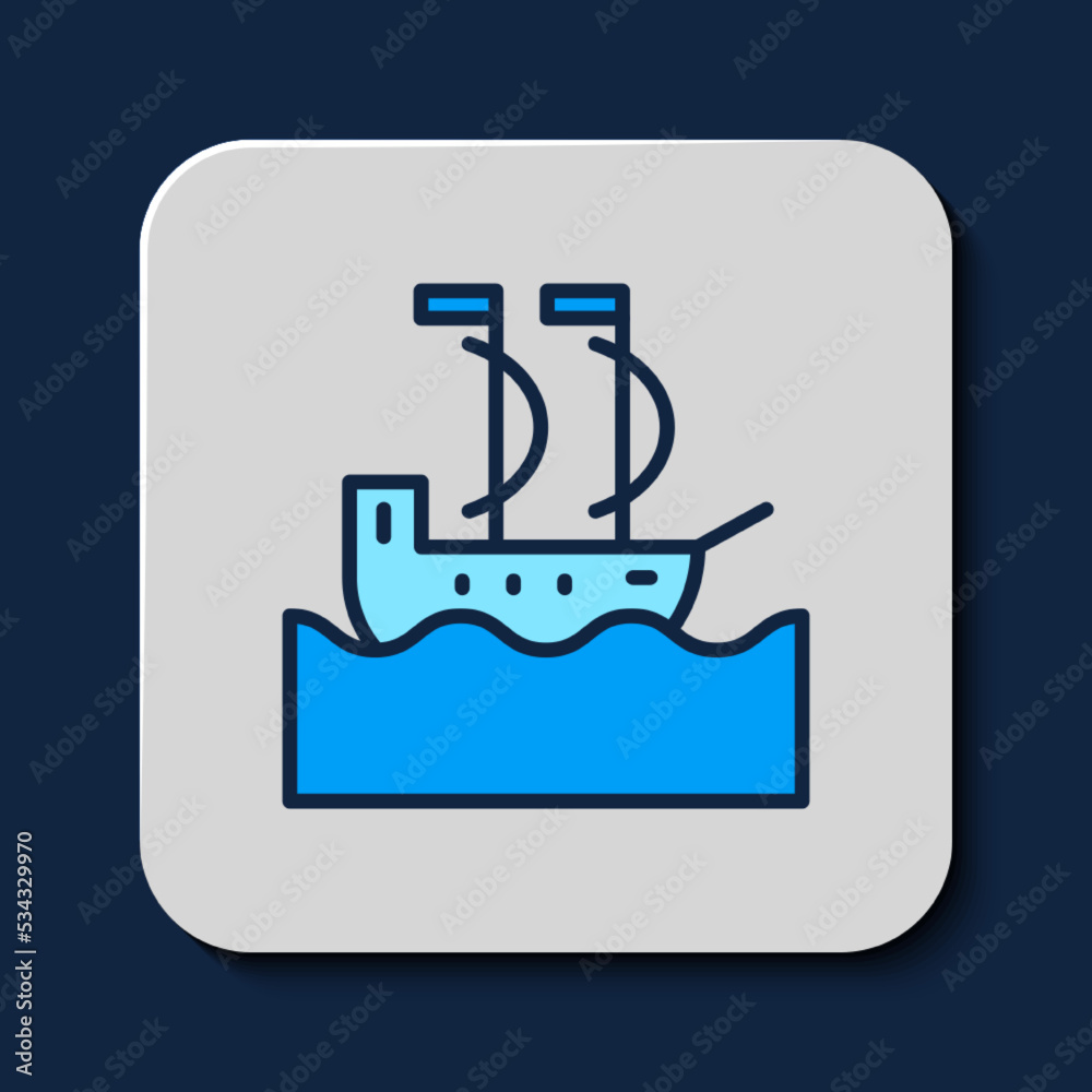 Filled outline Sailboat or sailing ship icon isolated on blue background. Sail boat marine cruise travel. Vector