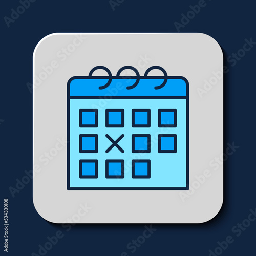 Filled outline Calendar fitness icon isolated on blue background. Training schedule. Vector