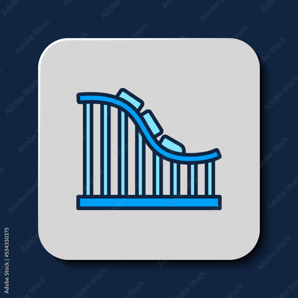 Filled outline Roller coaster icon isolated on blue background. Amusement park. Childrens entertainment playground, recreation park. Vector