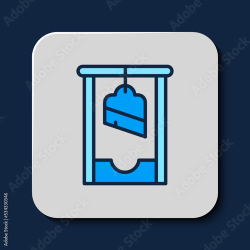 Filled outline Guillotine medieval execution icon isolated on blue background. Vector