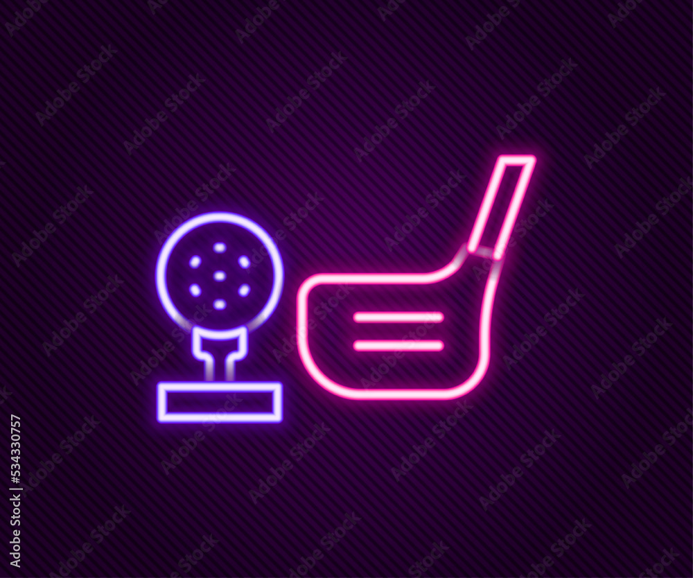 Glowing neon line Golf club with ball on tee icon isolated on black background. Colorful outline concept. Vector