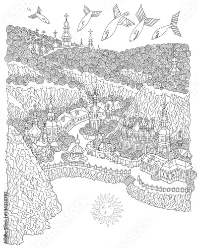 Raid of fantastic winged monsters on a fairy tale medieval town, Orthodox church and monastery on the river bank. Adults coloring book page