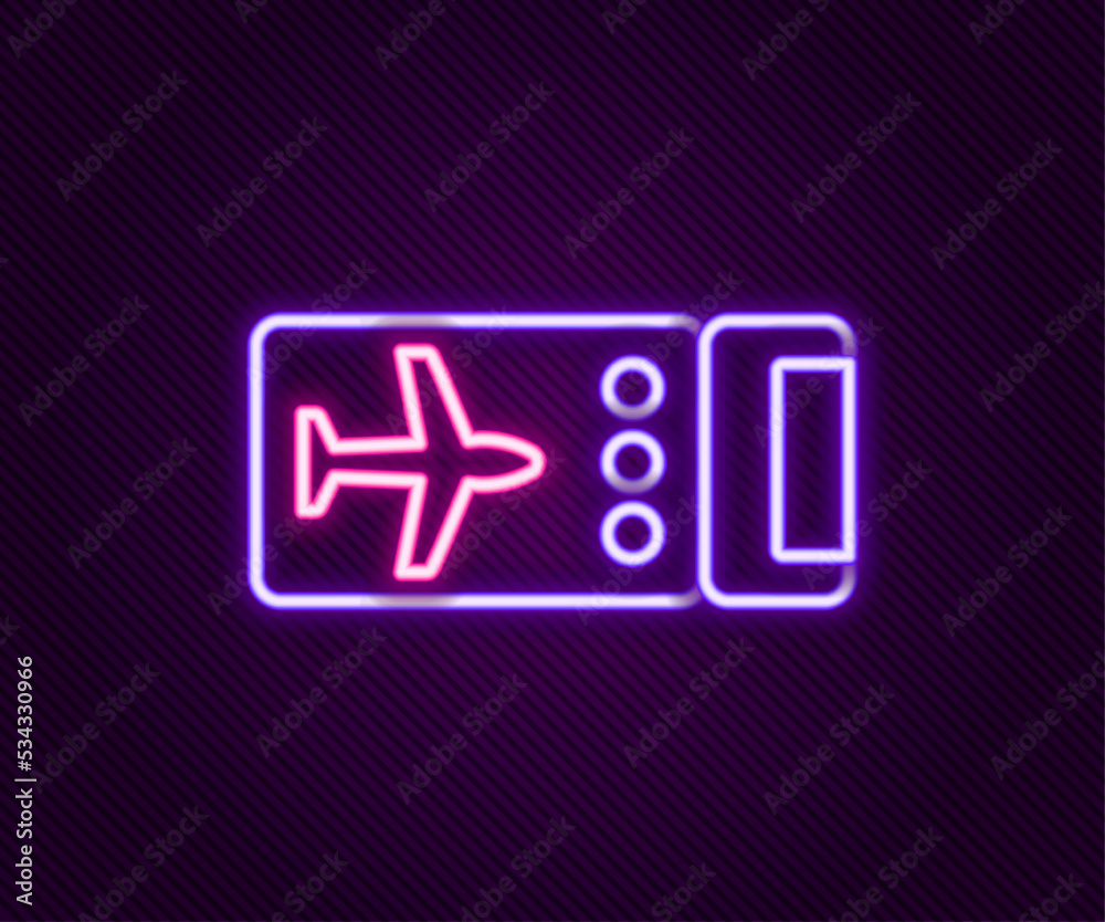 Glowing neon line Airline ticket icon isolated on black background. Plane ticket. Colorful outline concept. Vector Glowing neon line Airline ticket icon isolated on black background. Plane ticket. Colorful outline concept. Vector