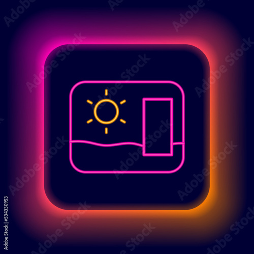 Glowing neon line Travel postcard icon isolated on black background. Tourist greeting card. Colorful outline concept. Vector
