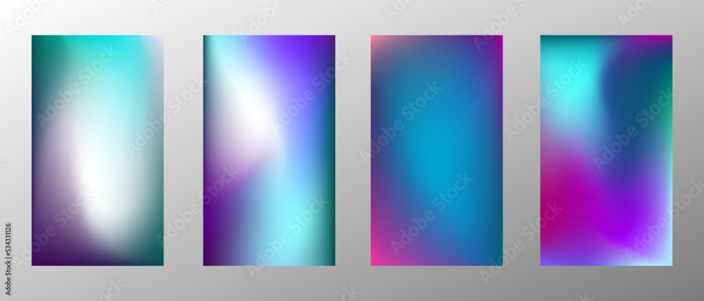 Abstract bright gradient background. Set of 4 backgrounds. Creative modern vector illustration. Holographic spectrum for coating.