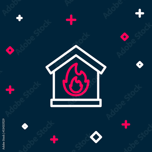 Line Fire in burning house icon isolated on blue background. Colorful outline concept. Vector