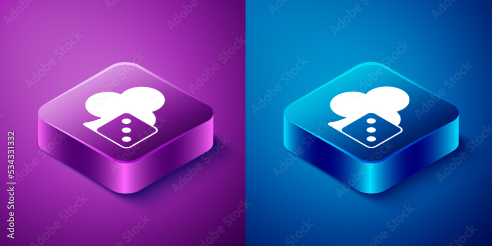 Isometric Game dice icon isolated on blue and purple background. Casino gambling. Square button. Vector Isometric Game dice icon isolated on blue and purple background. Casino gambling. Square button. Vector