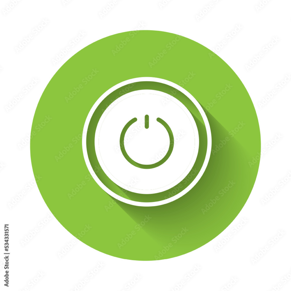 White Power button icon isolated with long shadow background. Start sign. Green circle button. Vector White Power button icon isolated with long shadow background. Start sign. Green circle button. Vector