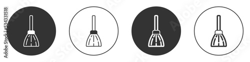 Black Handle broom icon isolated on white background. Cleaning service concept. Circle button. Vector