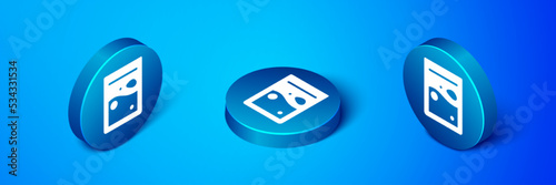 Isometric Plastic bag of drug icon isolated on blue background. Health danger. Blue circle button. Vector