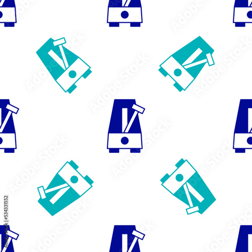 Blue Classic Metronome with pendulum in motion icon isolated seamless pattern on white background. Equipment of music and beat mechanism. Vector