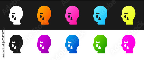 Set Man graves funeral sorrow icon isolated on black and white background. The emotion of grief, sadness, sorrow, death. Vector