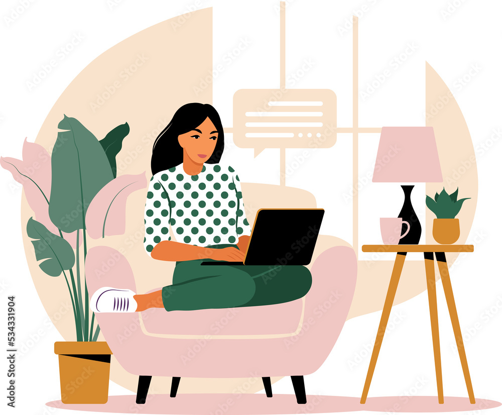 Woman sitting table with laptop and phone. Working on a computer. Freelance, online education or social media concept. Studying concept. 