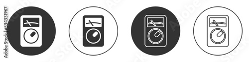 Black Ampere meter, multimeter, voltmeter icon isolated on white background. Instruments for measurement of electric current. Circle button. Vector