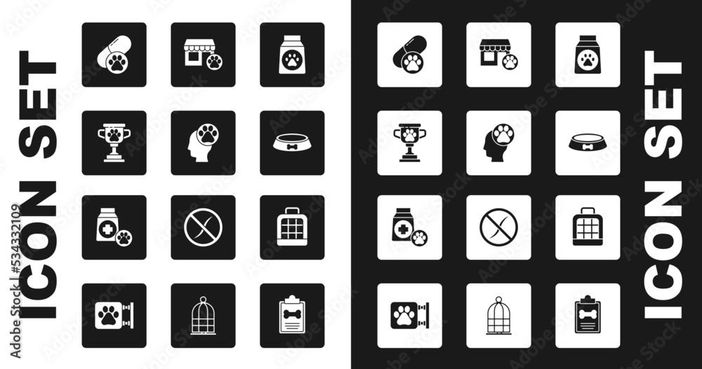 Set Bag of food, Human with animals footprint, Pet award, Dog pill, bowl, Veterinary hospital, carry case and icon. Vector Set Bag of food, Human with animals footprint, Pet award, Dog pill, bowl, Veterinary hospital, carry case and icon. Vector
