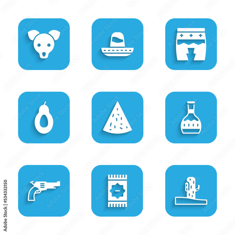 Set Nachos, Mexican carpet, Cactus, Tequila bottle, Revolver gun, Avocado, Huehuetl and Dog icon. Vector Set Nachos, Mexican carpet, Cactus, Tequila bottle, Revolver gun, Avocado, Huehuetl and Dog icon. Vector