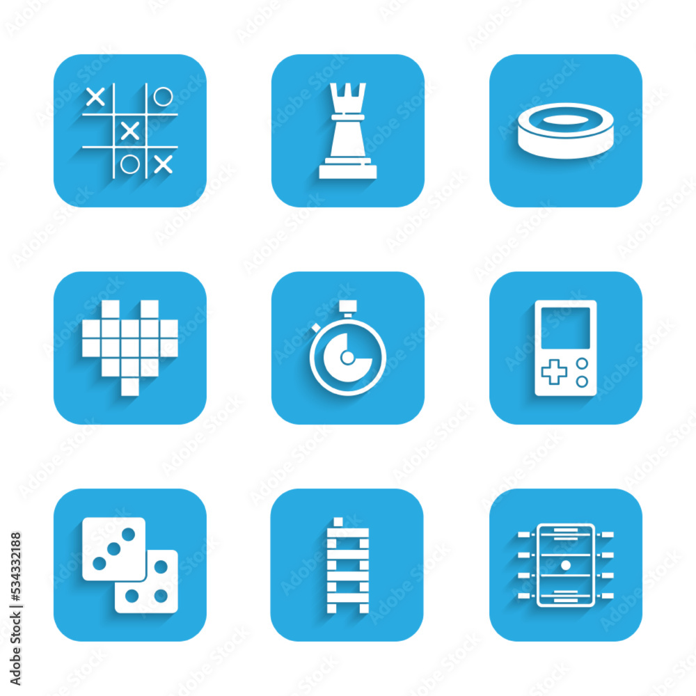 Set Stopwatch, Mahjong pieces, Hockey table, Tetris, Game dice, Pixel hearts for game, Checker chips and Tic tac toe icon. Vector Set Stopwatch, Mahjong pieces, Hockey table, Tetris, Game dice, Pixel hearts for game, Checker chips and Tic tac toe icon. Vector
