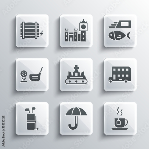 Set Umbrella, Cup of tea with tea bag, Double decker bus, British crown, Golf clubs, ball on tee, Wooden barrel and Fish and chips icon. Vector