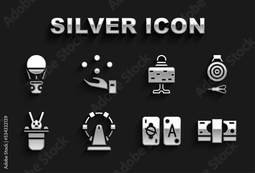 Set Ferris wheel, Classic dart board and arrow, Stacks paper money cash, Tarot cards, Magician hat rabbit, ball table, Hot air balloon and Juggling icon. Vector