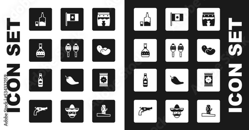 Set Huehuetl, Maracas, Tequila bottle, and glass, Beans, Mexico flag, Mexican carpet and Tabasco sauce icon. Vector