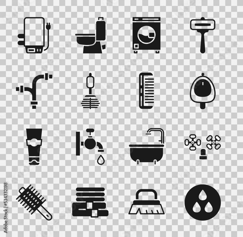 Set Water drop, tap, Toilet urinal or pissoir, Washer, brush, Industry metallic pipe, Electric boiler and Hairbrush icon. Vector