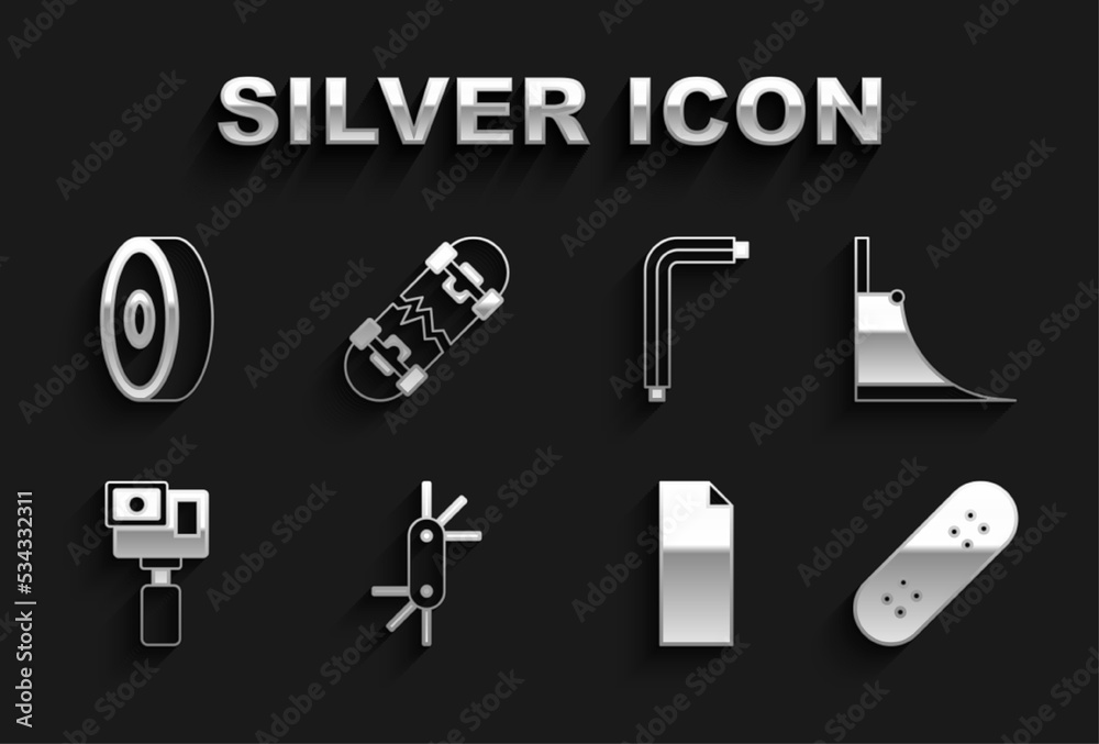 Set Tool allen keys, Skate park, Skateboard, Grip tape on skateboard, Action camera, ball bearing and Broken icon. Vector Set Tool allen keys, Skate park, Skateboard, Grip tape on skateboard, Action camera, ball bearing and Broken icon. Vector