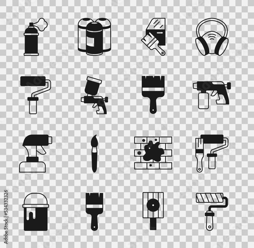 Set Paint roller brush, spray gun, Car painting, can and icon. Vector