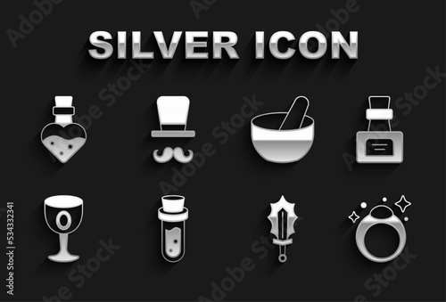 Set Bottle with potion, Magic stone ring, sword fire, Medieval goblet, Witch cauldron, and Magician icon. Vector
