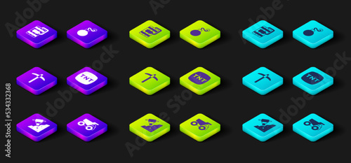 Set Construction jackhammer, Mining dump truck, Pickaxe, Dynamite, Bomb and icon. Vector