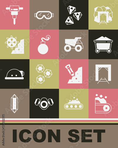 Set Conveyor belt carrying coal, Mine entrance, trolley, Gem stone, Bomb, Bucket wheel excavator, Construction jackhammer and Mining dump truck icon. Vector