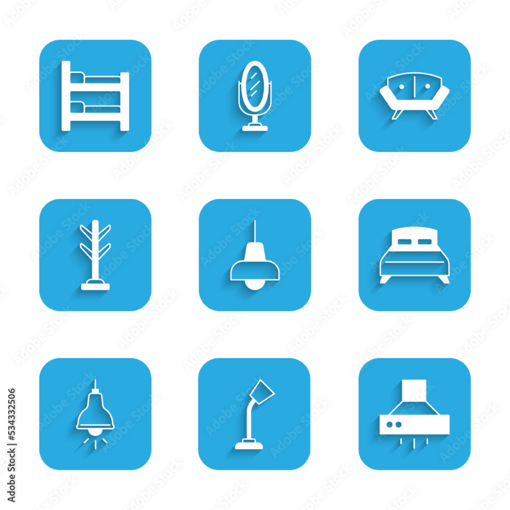 Set Lamp hanging, Table lamp, Kitchen extractor fan, Big bed, Coat stand, Sofa and Bunk icon. Vector Set Lamp hanging, Table lamp, Kitchen extractor fan, Big bed, Coat stand, Sofa and Bunk icon. Vector
