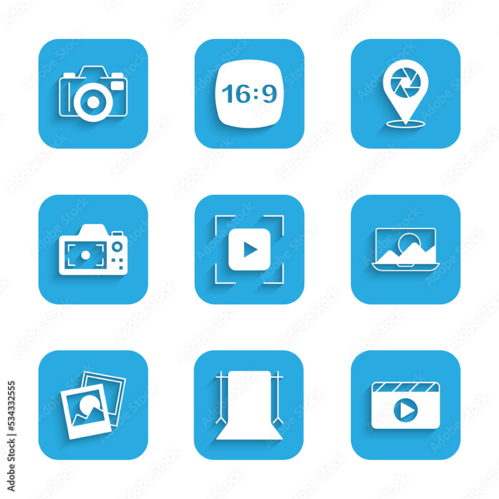 Set Camera focus frame line, Empty photo studio, Movie clapper, Photo retouching, camera, shutter and icon. Vector Set Camera focus frame line, Empty photo studio, Movie clapper, Photo retouching, camera, shutter and icon. Vector